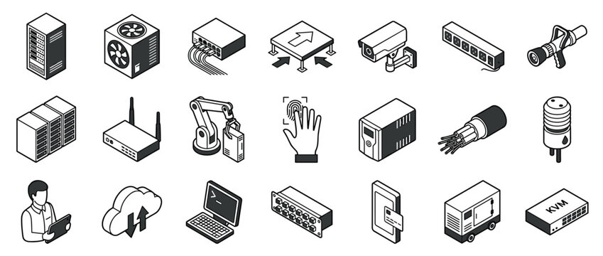 Comprehensive collection of isometric technology icons depicting various networking, security, data, and industrial equipment, presented in a clean, modern line art style