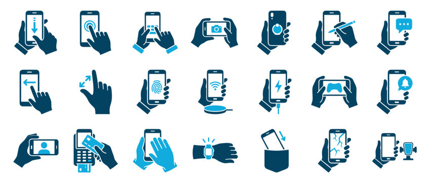 Large collection of blue vector icons showing hands holding and using smartphones for various tasks like communication, payment, gaming, and charging in a flat design style