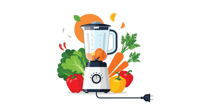 Kitchen blender stands ready to mix a healthy smoothie surrounded by fresh vegetables like carrots bell peppers lettuce and a orange slice.