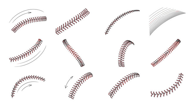 Collection of baseball seam patterns and ball trajectories shown through detailed red stitching on a white background for sports graphics.