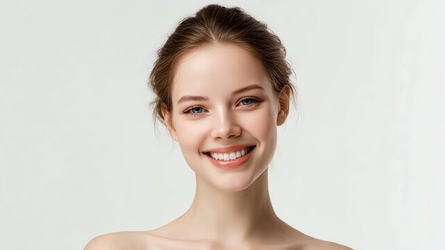 One beautiful woman smiling brightly in a clean studio beauty portrait.