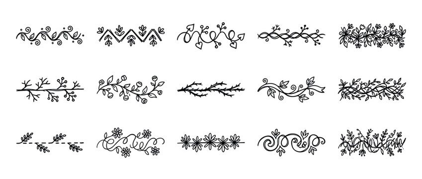 Twelve hand-drawn floral decorative dividers showcase a variety of organic botanical elements, featuring intricate leaves, branches, and swirling patterns in a charming doodle art style