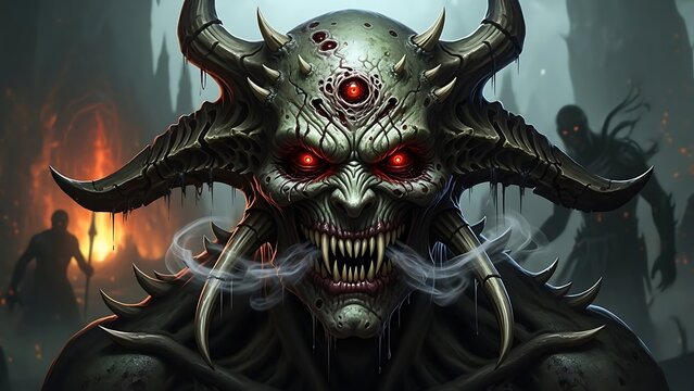 Demonic creature with glowing red eyes and horns in a dark, smoky environment.