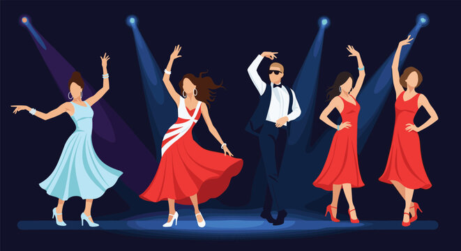 Group of stylishly dressed people dancing gracefully on a stage under bright spotlights against a deep blue, atmospheric background.