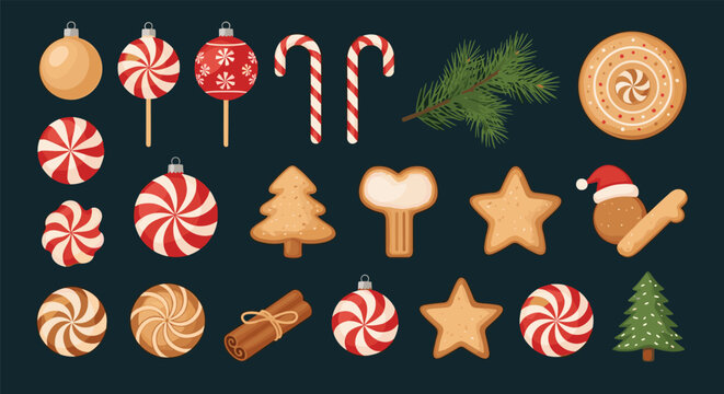 Festive collection of Christmas treats and decorations including candy canes, gingerbread cookies, pine branches, and colorful ornaments.