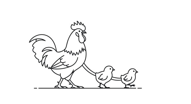 Proud rooster walks across a flat ground followed by two small fluffy yellow chicks in a simple black and white line drawing illustration.