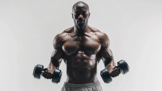 One muscular bald black man performing heavy bicep curls in a bright studio.