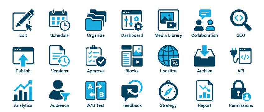 Collection of blue business icons representing content management system concepts like publishing, analytics, SEO, and collaboration for digital marketing and web development workflow