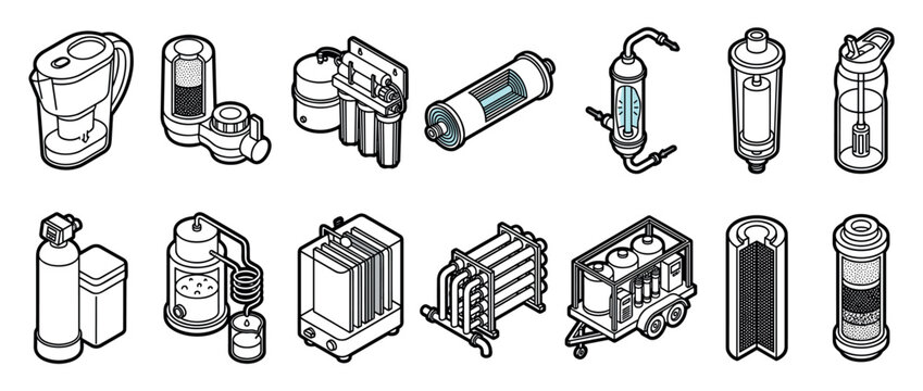 Set of water filtration system icons showing various purification equipment like pitchers, cartridges, and reverse osmosis units in a technical black and white isometric line art style