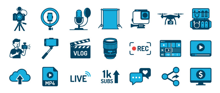 Set of blue vlogging and video production icons showing equipment like a camera, drone, and microphone, along with social media symbols for streaming, sharing, and monetization