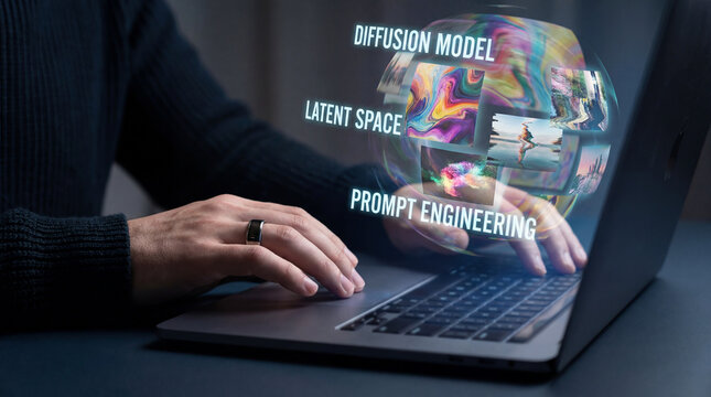  A person using laptop with generative AI interface showing diffusion model, latent space, and prompt engineering. Concept of AI image synthesis, machine learning art, and neural networks.
