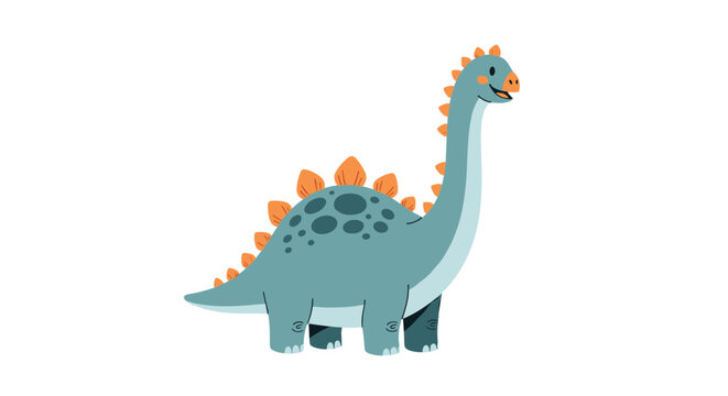 Friendly blue long neck dinosaur with orange plates on its back is depicted in a fun and colorful cartoon style for kids or education.