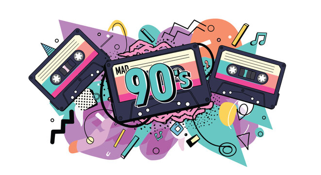 Colorful retro illustration with the text 90's surrounded by cassette tapes, musical notes, and abstract geometric patterns.