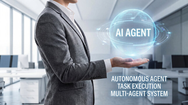 Businessman presenting AI Agent and multi-agent system. Concept of artificial intelligence automation, autonomous agents, smart workflow, and futuristic corporate technology solutions 