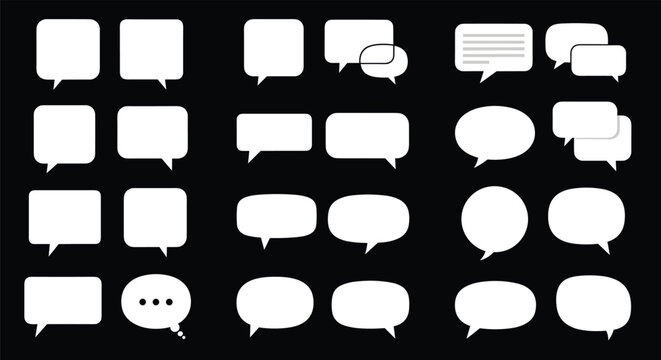 Versatile set of white speech and thought bubble silhouettes in various shapes shown on a stark black background.