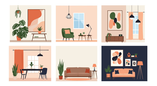 Beautiful set of modern interior design concepts for different rooms featuring stylish furniture, plants, and wall art.