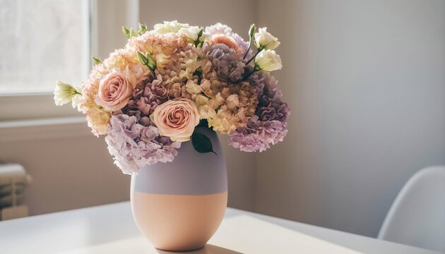 Soft pastel colored floral arrangement of hydrangeas and roses in a two-tone vase on a white table with natural window light casting gentle shadows creating a serene and elegant atmosphere