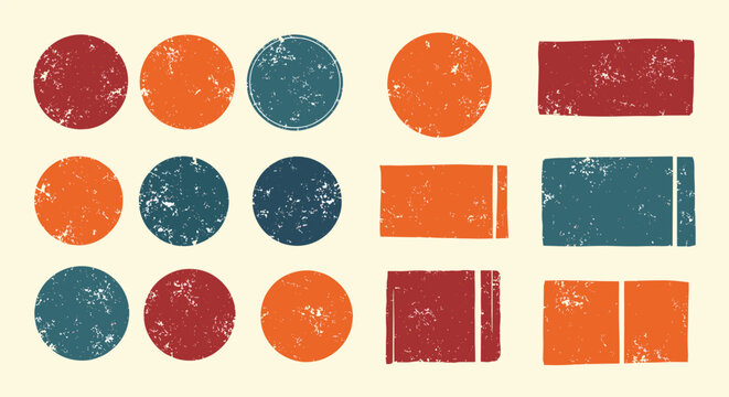 Set of various grunge and distressed textured shapes in circles and rectangles with earthy red, orange, and blue colors.