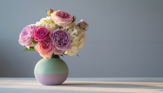 Elegant Pastel Floral Arrangement of Roses and Hydrangeas in a Two-Tone Ceramic Vase Set Against a Soft Grey Studio Background with Subtle Sunlight Highlights