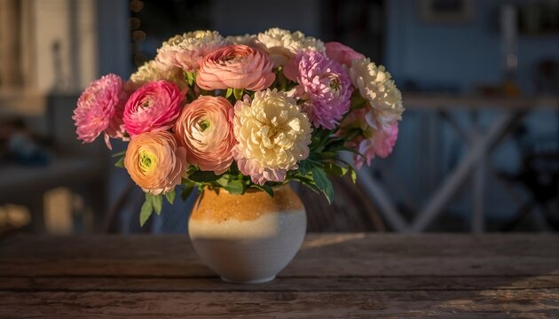 Beautiful Bouquet of Pink Yellow and White Ranunculus Flowers in a Two Tone Ceramic Vase on a Rustic Wooden Table with Soft Natural Light and Blurred Background