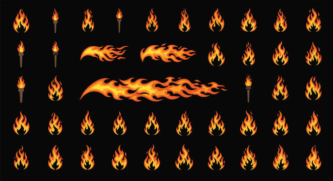 Large collection of pixel art fire and flame animations including torches and long flames on a black background.