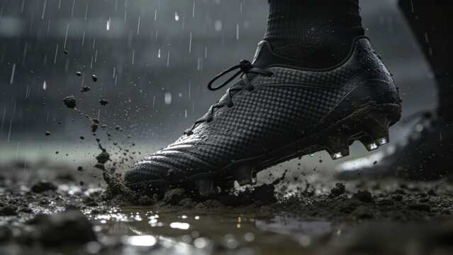 Football boot cleat digging into wet dirt