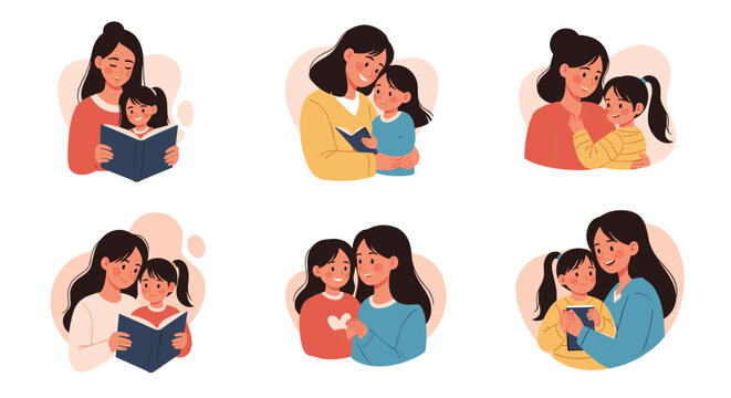 Set of heartwarming illustrations showing a mother and daughter bonding while reading books together in various loving poses.