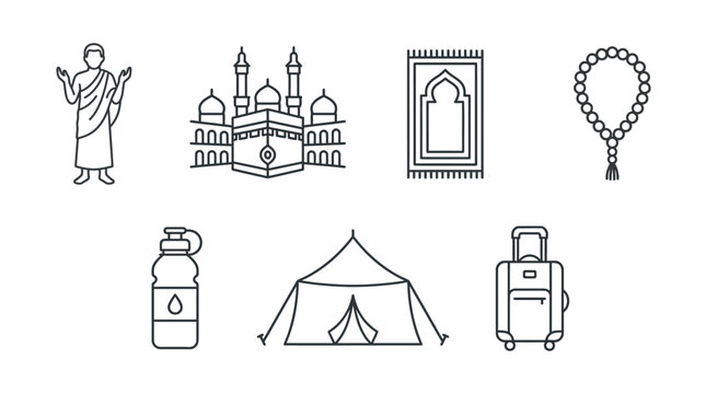 Vector icons depicting Hajj pilgrimage symbols, including a mosque, Kaaba, ihram clothing, prayer beads, tent, luggage, and water bottle, against a clean white background with a religious