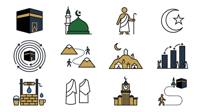 Collection of Islamic pilgrimage icons including Kaaba, mosque, and hajj ritual symbols with a focus on religious and cultural symbols in a graphic design.