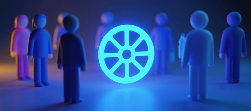 Group of figures around glowing steering wheel symbol with designated driver holding water bottle