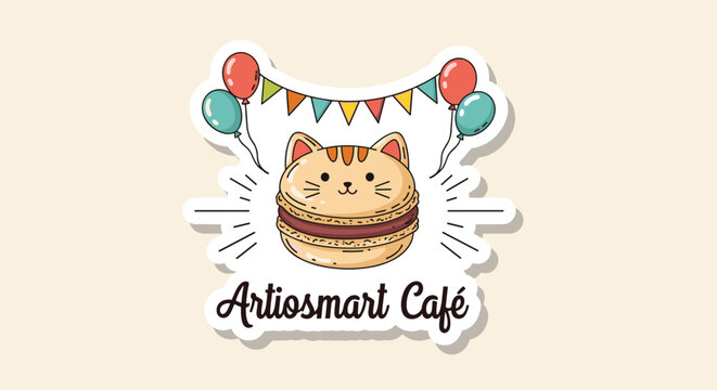 Cute logo for a cafe featuring a cat-shaped macaron cookie with colorful balloons and festive bunting flags on a tan background.