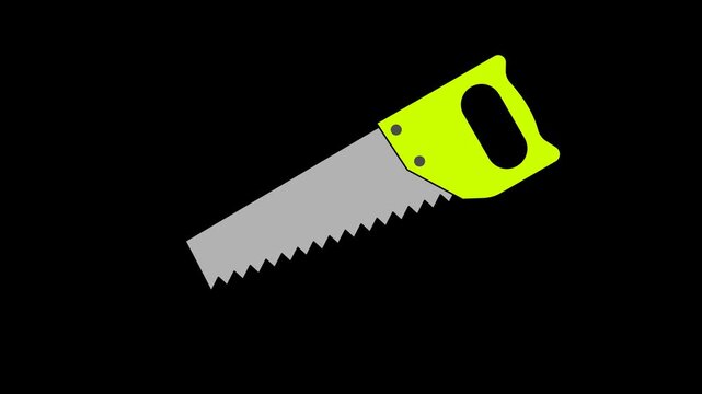 Seamless looping wood saw animation with a green handle moving back and forth on a transparent alpha channel. Woodworking tool and industrial motion graphic for carpentry visual themes