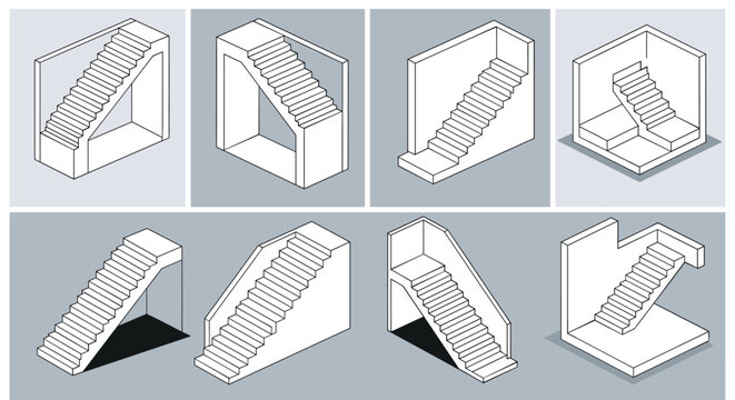 Collection of eight isometric line drawing designs for different styles of indoor and outdoor staircases and steps.