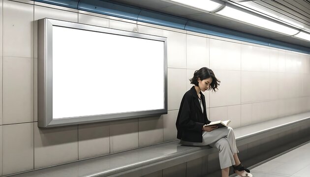 Woman sits on subway bench reading book next to empty advertisement board