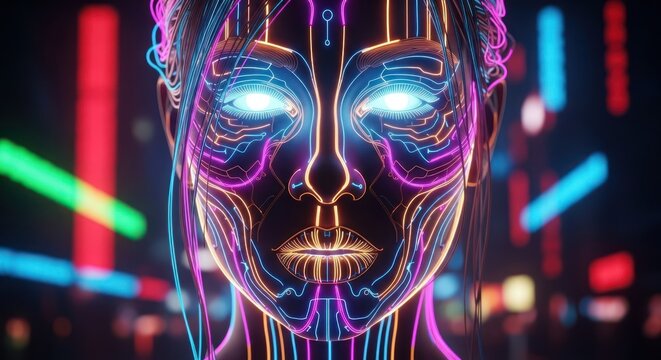 Close-up of a futuristic face with glowing circuit-like lines and bright, piercing eyes