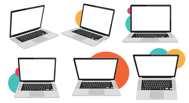 Set of six modern laptop computer illustrations displayed from various perspective angles with colorful abstract circles in the background.