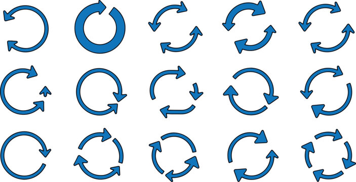 Blue circular arrow icons on transparent background vector collection.