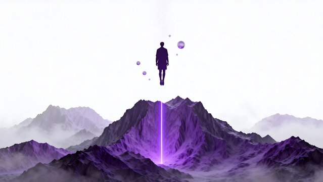 Person floating above purple mountain range