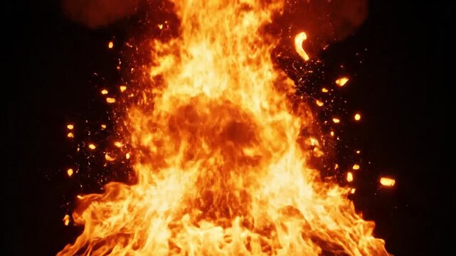 Intense Fire Explosion with Bright Flames and Sparks on Black Background.