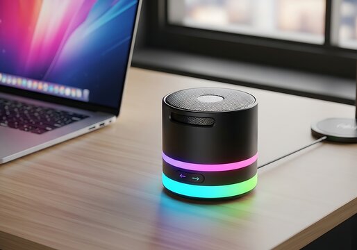 Compact wireless bluetooth speaker on desk with colorful lights
