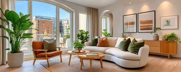 Fototapeta premium Bright airy living room in modern apartment with curved sofa, plants and natural light