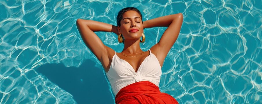 Woman relaxing and floating on her back in a pool, sunlit summer leisure and luxury lifestyle moment