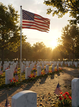United States Veterans Memorial Cemetery with American Flag at Sunset