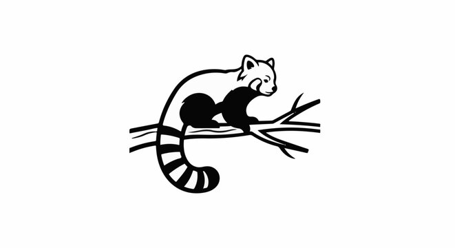 A stylized black and white drawing of a red panda perched on a tree branch