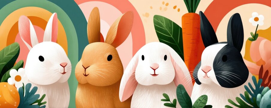 Cute Easter bunnies and rabbits in a colorful spring illustration with flowers and carrot