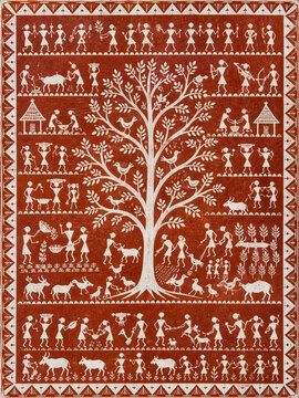 Traditional Saura Tribal Tree of Life Print, Flat White Gouache on Red Oxide Paper for Rustic Decor