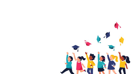 Fototapeta premium Happy diverse kindergarten children throwing graduation caps in the air, celebrating achievement and education, isolated on white.