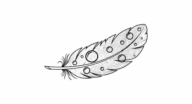 A single feather with circular patterns and intricate line work