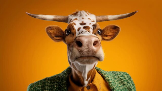 One funny cow wearing a green jacket standing in an orange studio background.