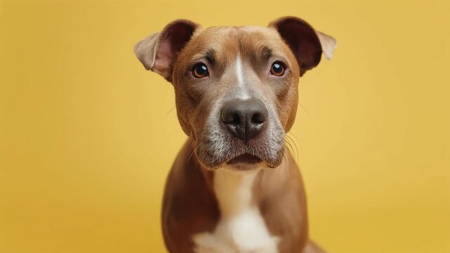 One happy brown dog licking its nose in a bright yellow studio pet portrait.